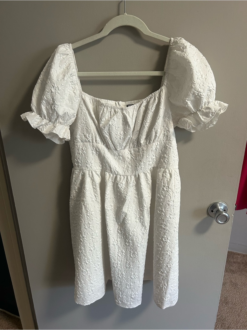 SHEIN White Textured Puff Sleeve Babydoll Dress L